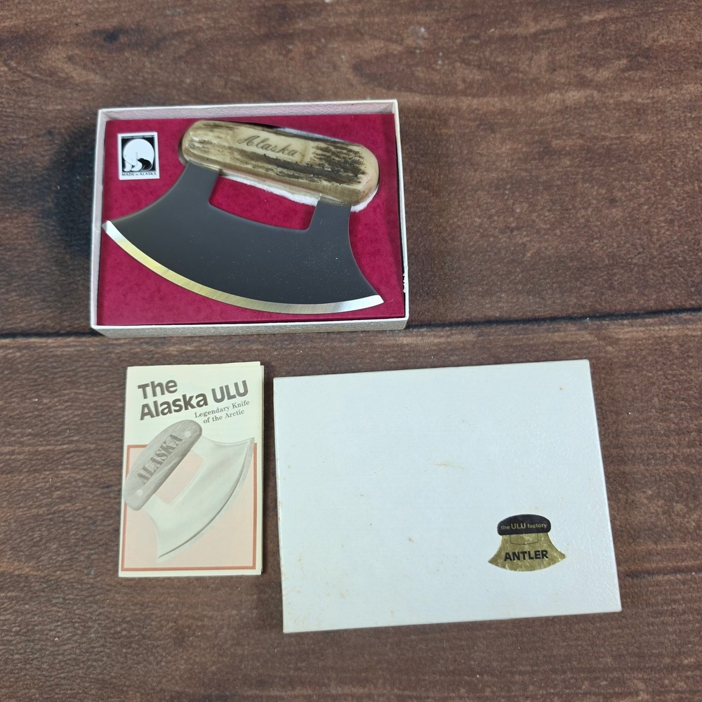 The Ulu Factory Alaska Ulu Knife Antler Handle Silver Excellent Boxed Set